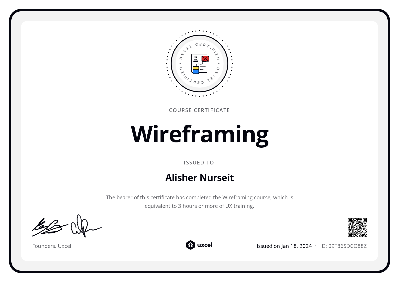 Alisher Nurseit's certificate